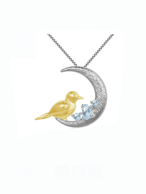 Sky Blue Topaz Pendant +Chain 925 Sterling Silver Peridot Bird Artisan Moon Pendant  Necklace