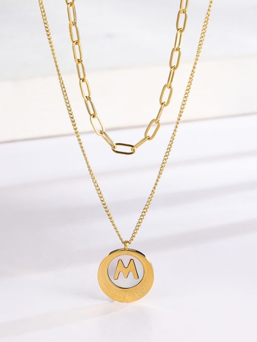 gold Titanium Steel  Minimalist M-Shaped White Shell Double Layer Gold Necklace