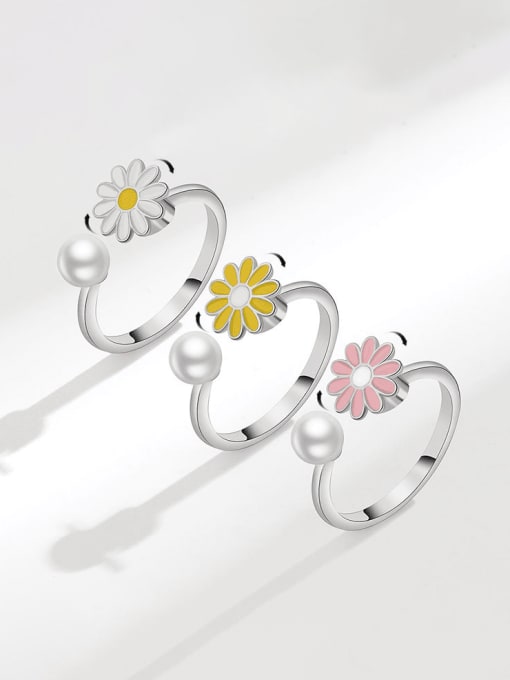 PNJ-Silver 925 Sterling Silver Enamel Imitation Pearl Flower Cute  Can Be Rotated Band Ring 3