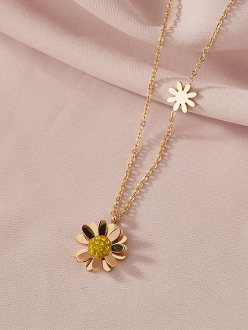 Yellow  Little Daisy Gold Titanium Steel Cubic Zirconia Flower Minimalist Necklace