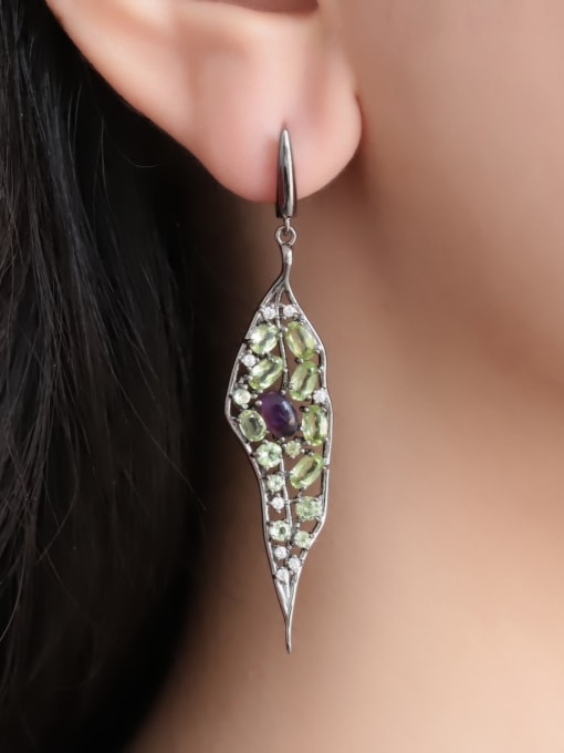 ZXI-SILVER JEWELRY 925 Sterling Silver Natural Stone Leaf Vintage Drop Earring 1