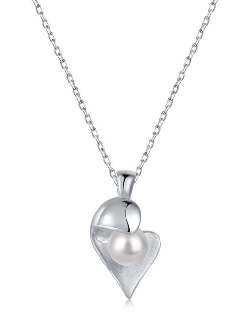 DY190417 S W WH 925 Sterling Silver Imitation Pearl Heart Minimalist Necklace