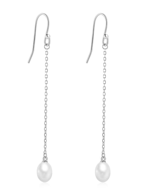 Platinum 925 Sterling Silver Imitation Pearl Tassel Minimalist Threader Earring
