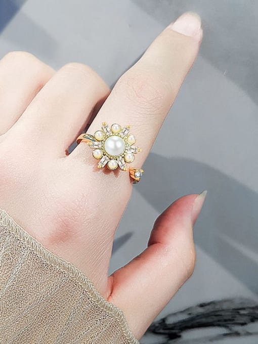 PNJ-Silver 925 Sterling Silver Imitation Pearl Flower Minimalist Rotate  Band Ring 2