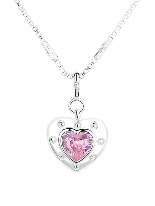 523LM5.2g 925 Sterling Silver Cubic Zirconia Pink Heart Dainty Necklace