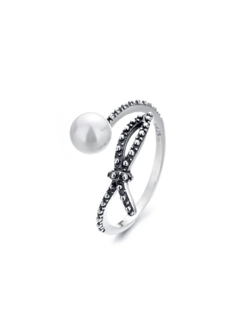 TAIS 925 Sterling Silver Imitation Pearl Bowknot Vintage Ring 2