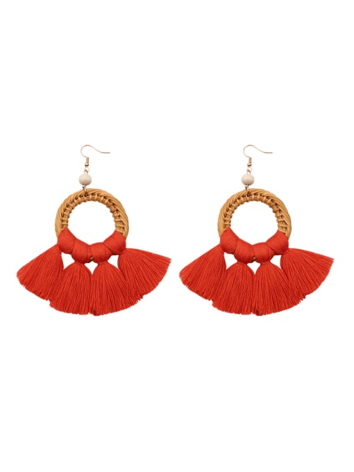 Red Alloy Cotton Tassel Bohemia Hand-woven Drop Earring