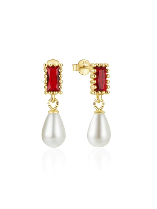 Golden +Red 925 Sterling Silver Imitation Pearl Water Drop Minimalist Drop Earring