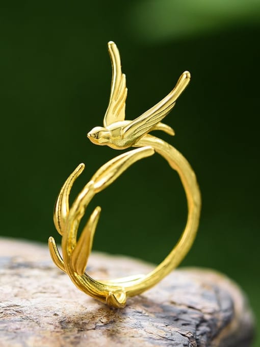 Lfjd0159a gold 925 Sterling Silver Asymmetrical ancient style and fragrant swallow willow Ethnic Band Ring