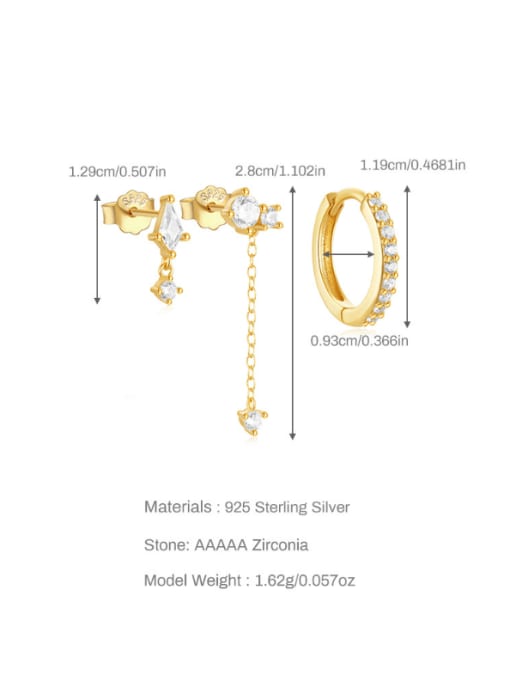 3 pieces per set, gold 1 925 Sterling Silver Cubic Zirconia Geometric Dainty Huggie Earring