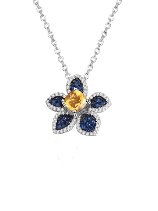 Natural Yellow Crystal Pendant 925 Sterling Silver Swiss Blue Topaz Flower Luxury Necklace