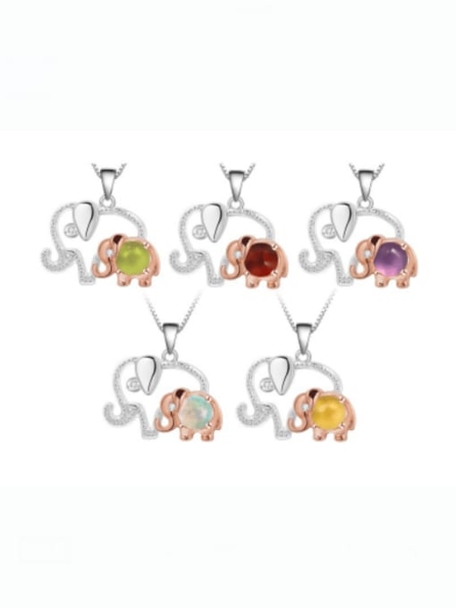 ZXI-SILVER JEWELRY 925 Sterling Silver Natural Stone  Cute Elephant Pendant Necklace