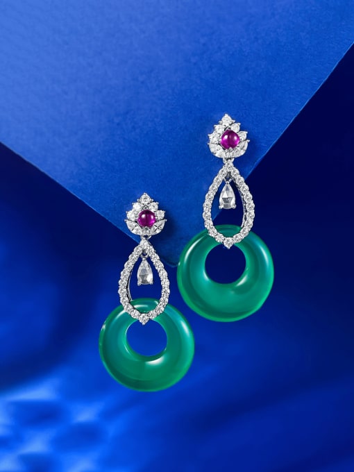 E483 Green Chalcedony  Buckle Earrings 925 Sterling Silver Cubic Zirconia Geometric Luxury Jade Cluster Earring
