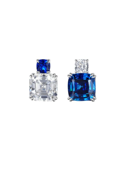 E306 Blue+ White Earrings 925 Sterling Silver High Carbon Diamond Square Luxury Cluster Earring