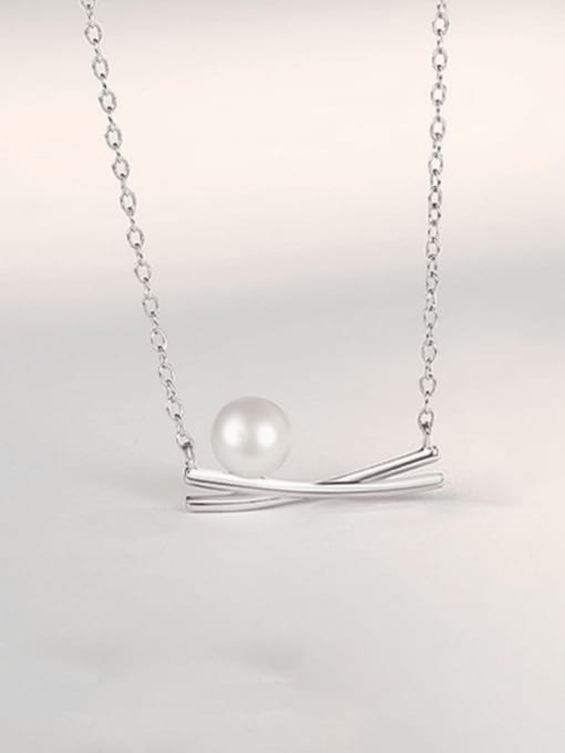 ZEMI 925 Sterling Silver Imitation Pearl Geometric Intersection Minimalist Necklace 1