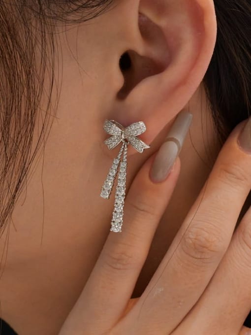 A&T Jewelry 925 Sterling Silver Cubic Zirconia Bowknot Taseel Luxury Cluster Earring 1