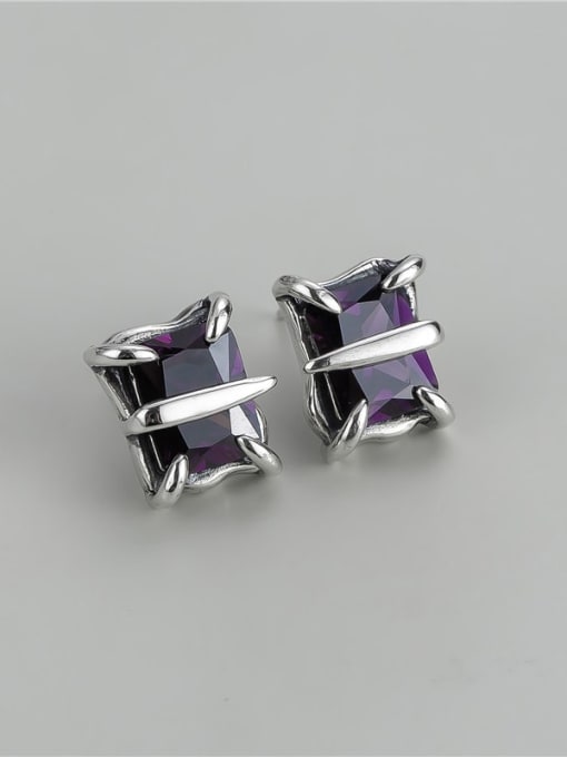 Purple 925 Sterling Silver Cubic Zirconia Geometric Vintage Stud Earring