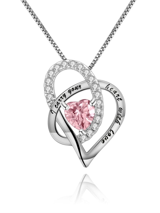 Pink Zircon Pendant +Chain 925 Sterling Silver Birthstone Minimalist  Heart Pendant Necklace