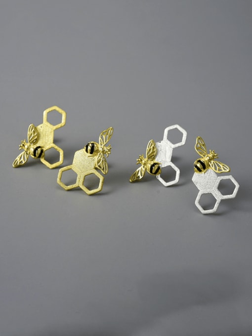 LOLUS 925 Sterling Silver Enamel Bee Artisan Geometric Stud Earring 0