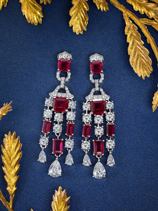 A&T Jewelry 925 Sterling Silver High Carbon Diamond Tanzanian Ruby Pagoda Luxury Drop Earring 0
