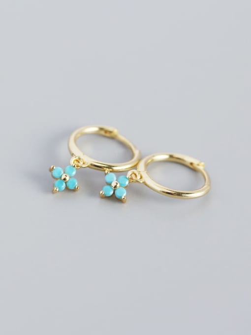 8#Gold (Turquoise Stone) 925 Sterling Silver Rhinestone White Flower Trend Huggie Earring