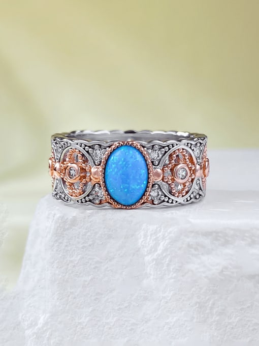 R943 Blue Aobao 925 Sterling Silver Opal Geometric Vintage Band Ring