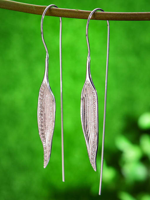 silver 925 Sterling Silver Bamboo leaves blowing morning dew Artisan Hook Earring
