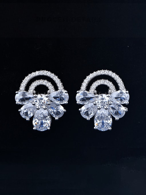 A&T Jewelry 925 Sterling Silver Cubic Zirconia Flower Luxury Cluster Earring 0