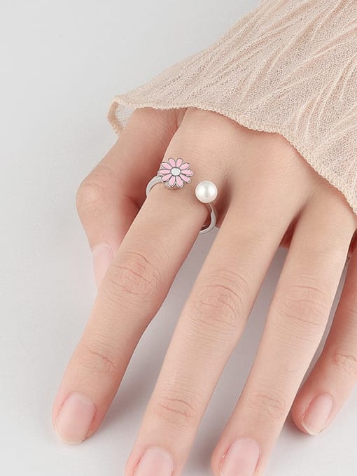 PNJ-Silver 925 Sterling Silver Enamel Imitation Pearl Flower Cute  Can Be Rotated Band Ring 1