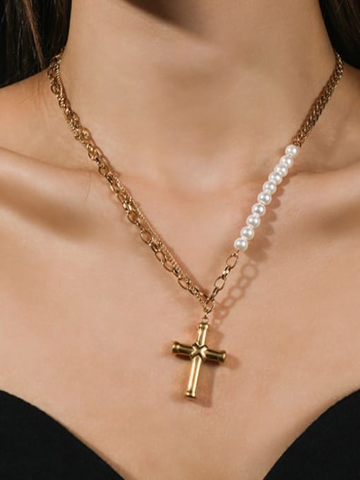 MEN PO Titanium Steel Imitation Pearl Cross Minimalist Regligious Necklace 1