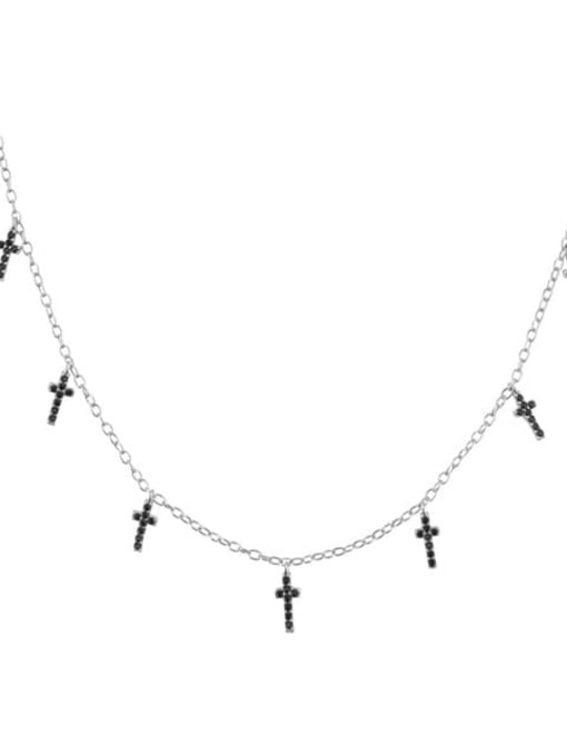 White gold and black stone 925 Sterling Silver Cubic Zirconia Cross Minimalist Necklace