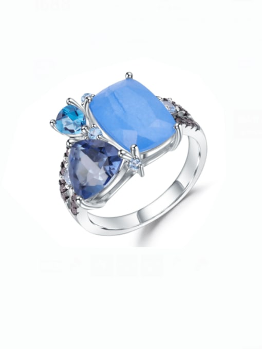 Aquamarine chalcedony cordierite crystal 925 Sterling Silver Natural Stone Geometric Artisan Band Ring