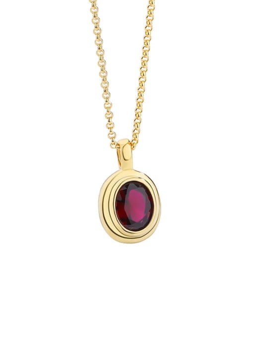 A2287 Gold Dark Red Steel Necklace 925 Sterling Silver Glass Stone Geometric Vintage Necklace