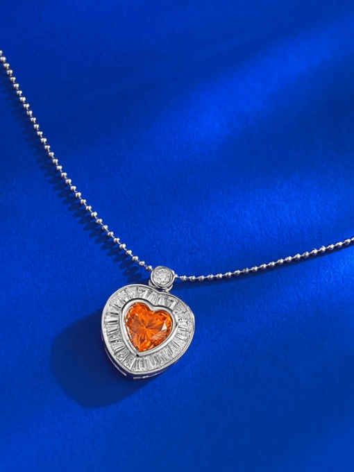 N429 Fanta Orange 925 Sterling Silver Cubic Zirconia Heart Dainty Beaded Chain Necklace