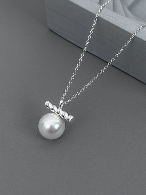 A3244 Electric Silver 925 Sterling Silver Imitation Pearl Geometric Minimalist Necklace