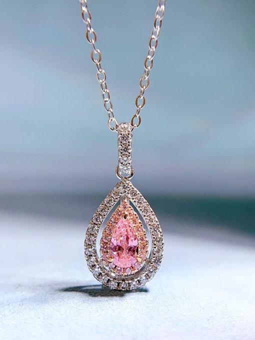N173 pink 925 Sterling Silver Cubic Zirconia Pear Shaped Dainty Necklace