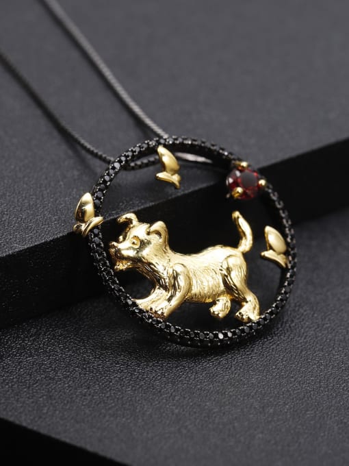 ZXI-SILVER JEWELRY 925 Sterling Silver Natural Stone Zodiac Artisan Dog Pendant Necklace 1