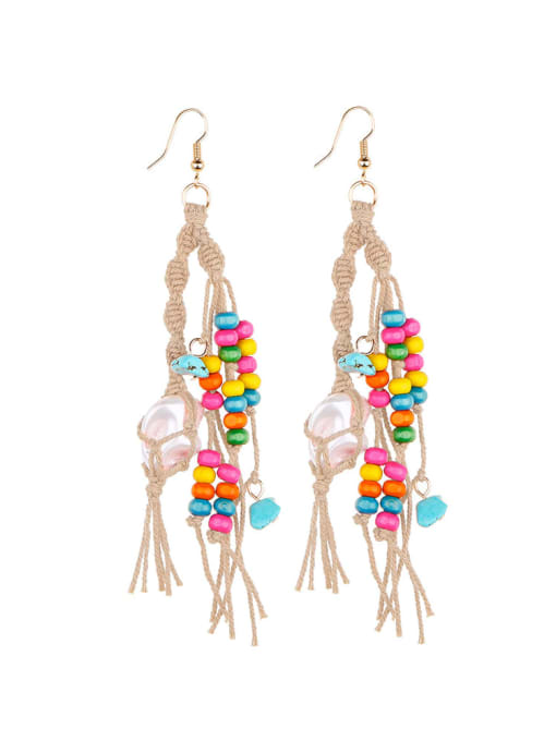 Camel e68745 Alloy Turquoise Cotton Rope  Wooden beads Tassel Artisan Hand-Woven Drop Earring