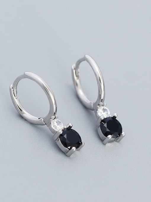 Platinum (Black Stone) 925 Sterling Silver Cubic Zirconia Geometric Dainty Huggie Earring