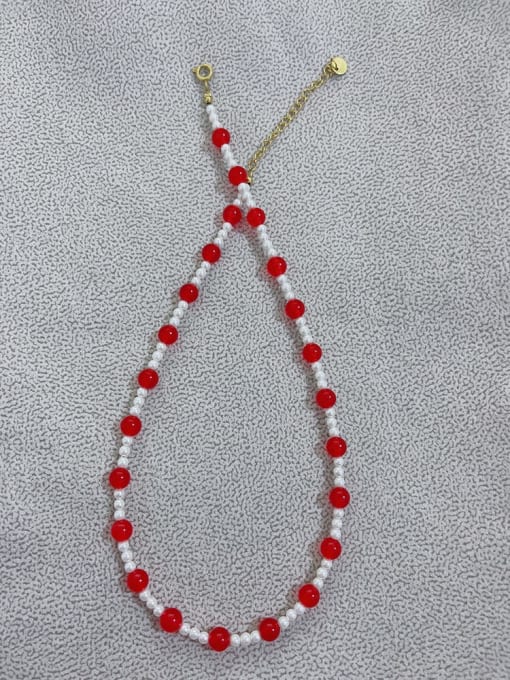 W.BEADS Titanium Steel Freshwater Pearl Natural stone Red Geometric Bohemia Beaded Necklace 0