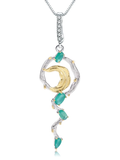 Green Agate Pendant +chain 925 Sterling Silver Carnelian Geometric Artisan Necklace