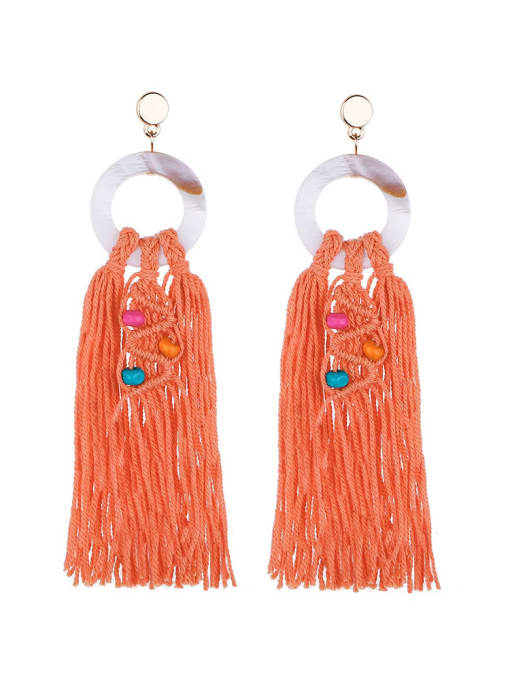 Orange e68749 Alloy Shell Cotton Rope Tassel Bohemia Hand-Woven Drop Earring