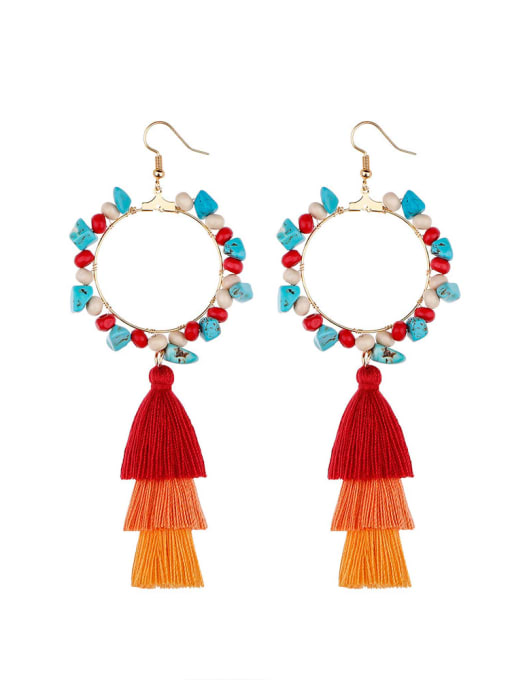 Red e68744 Alloy Bead Cotton Turquoise Tassel Bohemia  Hand-Woven Drop Earring