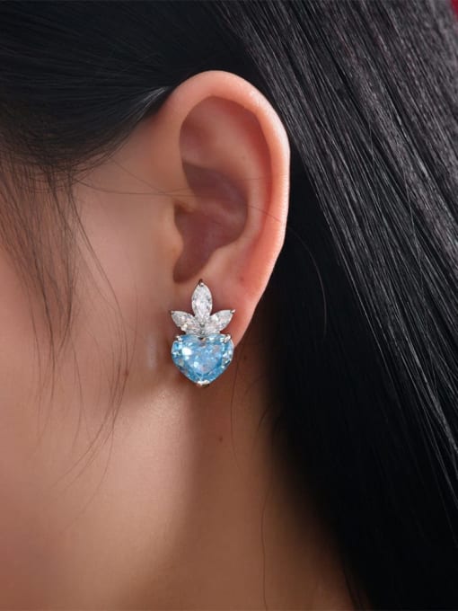 A&T Jewelry 925 Sterling Silver High Carbon Diamond Blue Heart Dainty Stud Earring 1