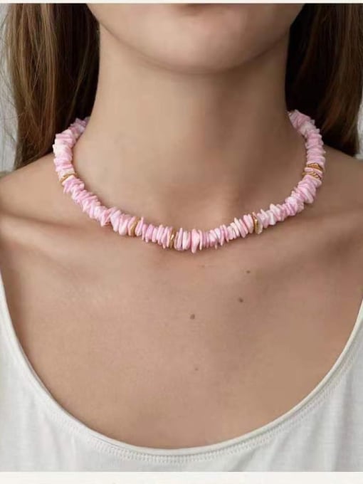 W.BEADS Titanium Steel Natural Stone Pink Bohemia Beaded Necklace 0