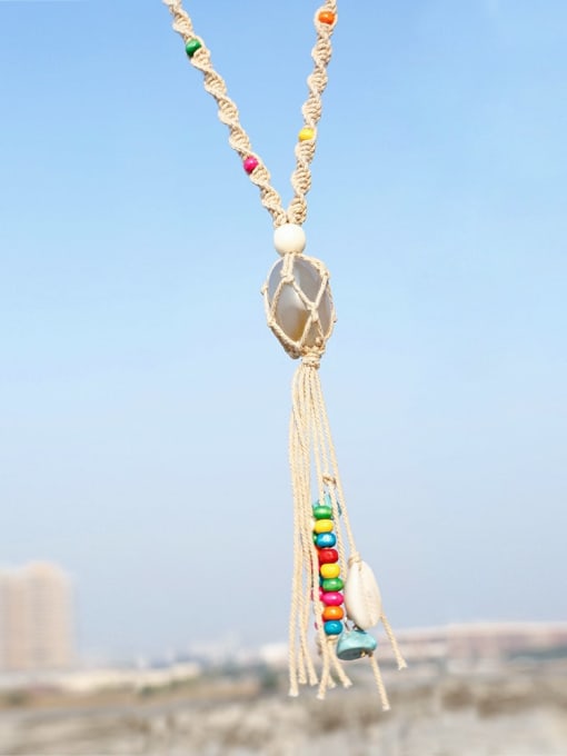 JMI Bead Cotton Rope Stone Tassel Hand-Woven Artisan Lariat Necklace 2