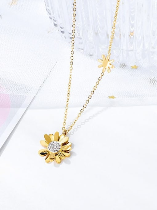 White  Little Daisy Gold Titanium Steel Cubic Zirconia Flower Minimalist Necklace