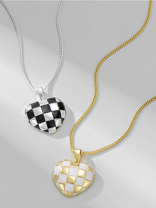 Chessboard Necklace 925 Sterling Silver Enamel  Minimalist Heart Pendant Necklace