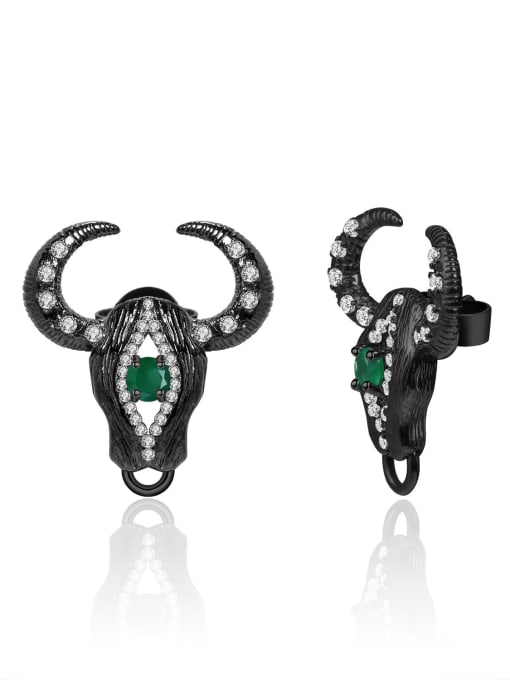 Green Agate ox head Earrings 925 Sterling Silver Cubic Zirconia Zodiac Cattle Vintage Stud Earring