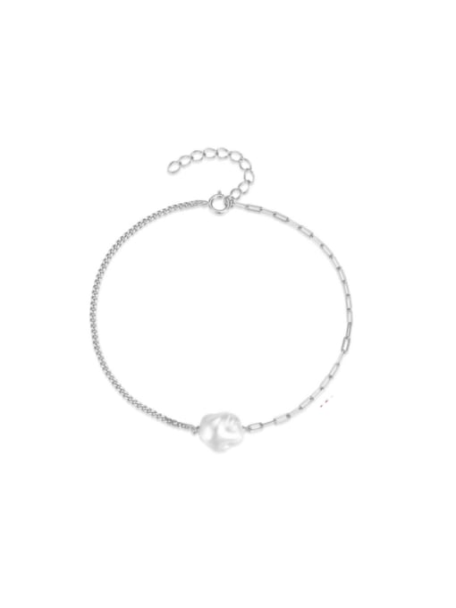 Platinum 925 Sterling Silver Freshwater Pearl Geometric Minimalist Link Bracelet